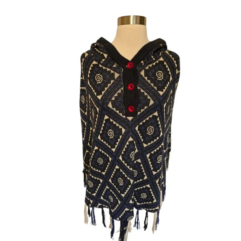 Womens Blue Knit Pocho Hooded Wool Blend Size 0‎ by Shimmering Waltz Amsterdam